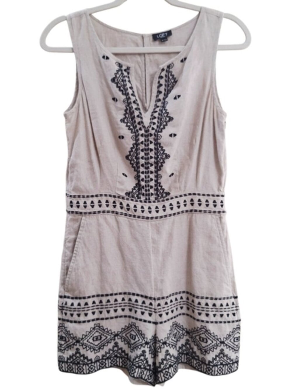 LOFT Boho Beige Black Embroidered Linen Romper Short 2P - Picture 2 of 9